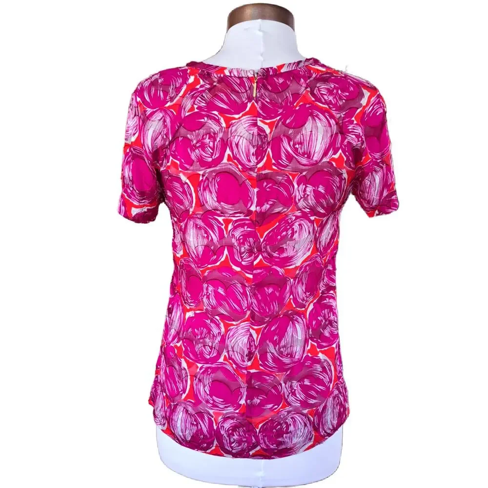 Tory Burch Silk Blend Burnout Short Sleeve Blouse Pink Red Abstract Dot Size 4